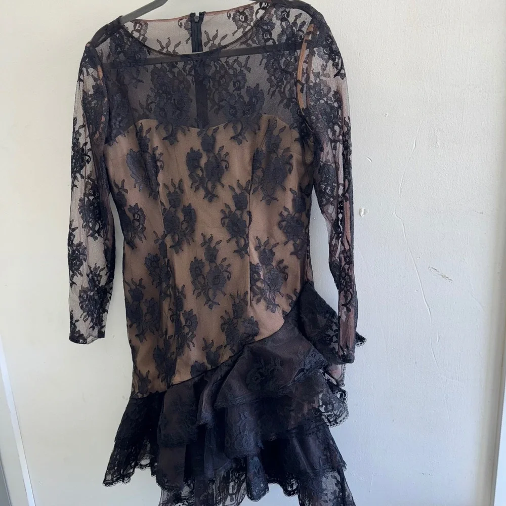 Victor Costa Black Lace Long Sleeve Tiered Mini Dress over Nude Slip - Picture 13 of 14